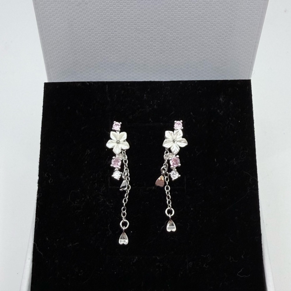 925 Sterling Silver Cherry Blossom Drop Dangle Earrings Pink CZ Shell like new